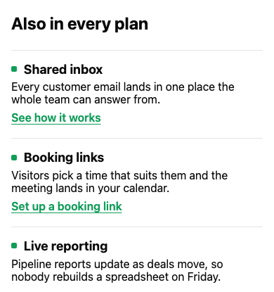 The grid copy of the Feature List module at 390 pixels wide, stacked into one column with green markers and links