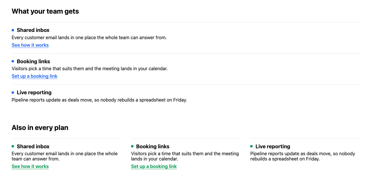 The Feature List module rendered twice on a HubSpot page: a list with a blue accent, and a three-column grid with a green accent set from the template