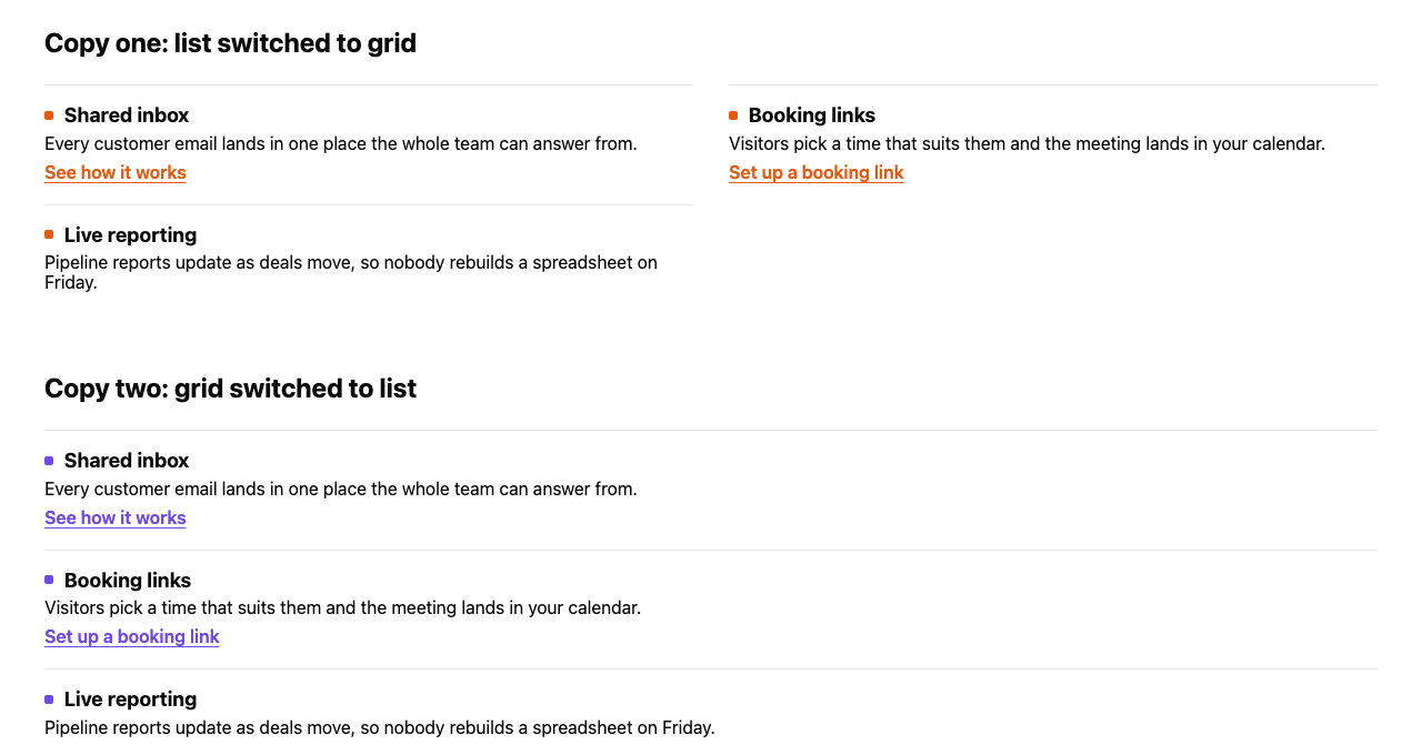 Three copies of the Feature List module on one HubSpot page after their values changed: an orange two-column grid, a purple list and a pink list, each keeping its own colour