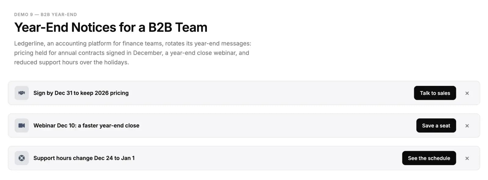 The rotating messages of a B2B year-end announcement bar: sign by December 31 to keep 2026 pricing, a December 10 webinar on the year-end close, and support hours from December 24 to January 1