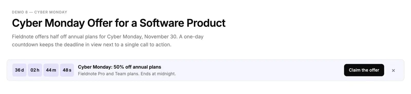 An announcement bar for a software product with a live countdown in days, hours, minutes and seconds, the line Cyber Monday: 50% off annual plans, and a Claim the offer button