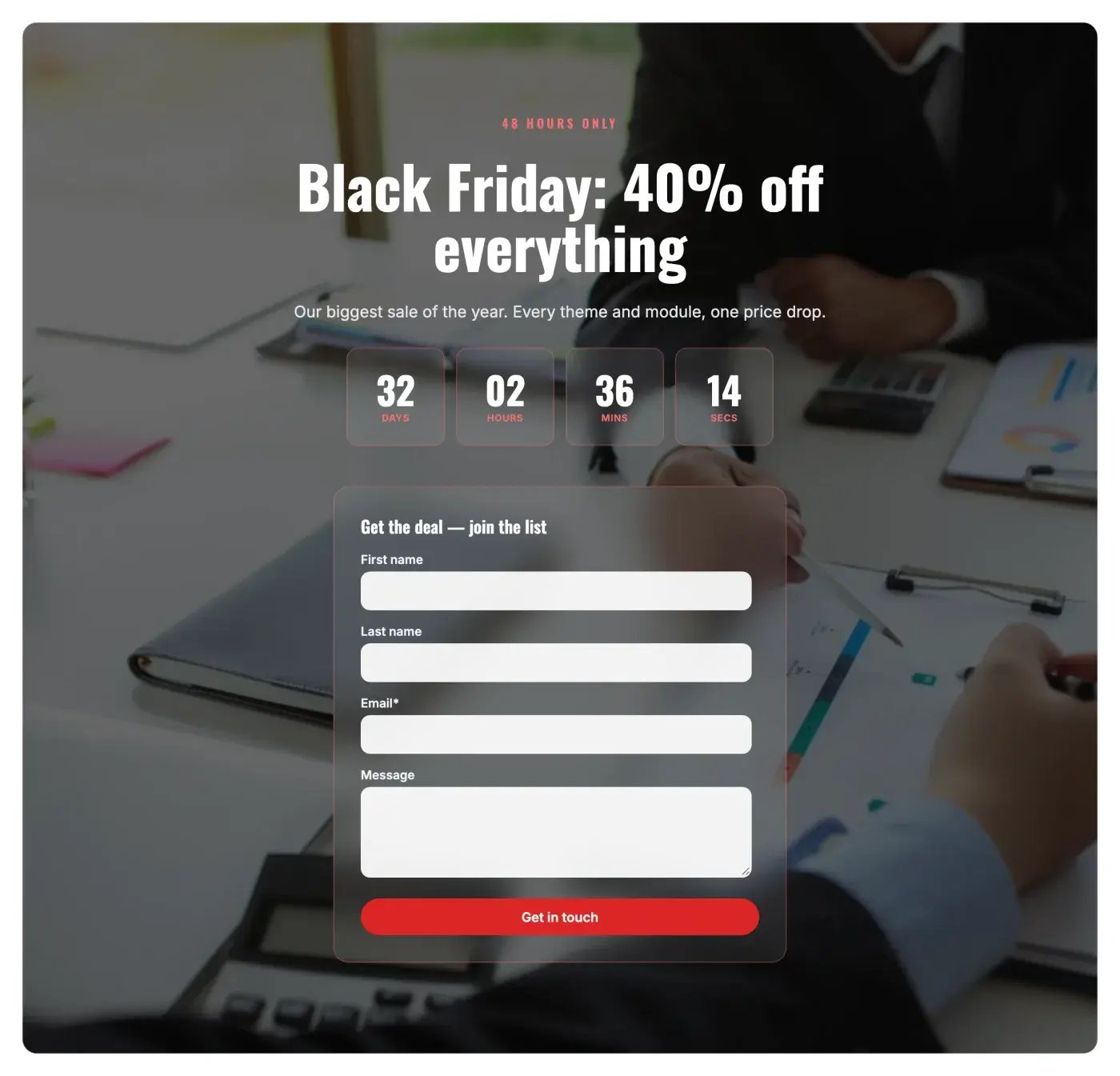 A Black Friday hero over an office image with a live countdown in days, hours, minutes and seconds and a sign-up form below the heading