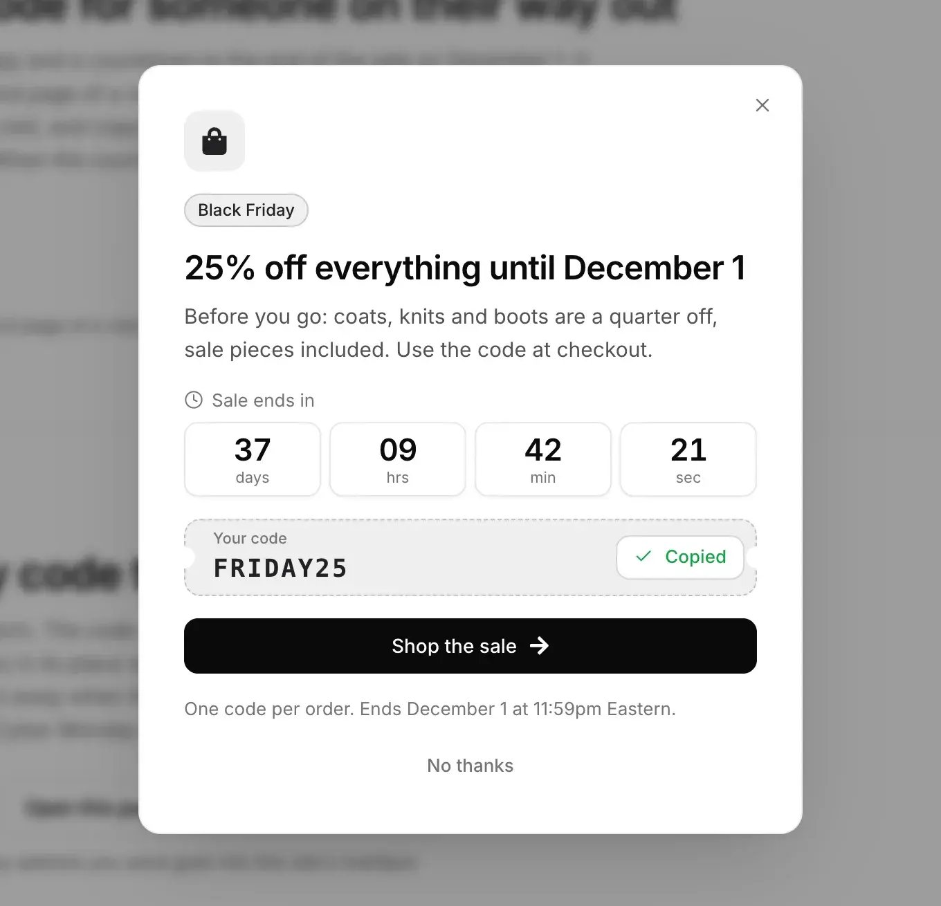 A Black Friday popup with a countdown to the end of the sale, the code FRIDAY25 just copied with its Copy button, and a Shop the sale button