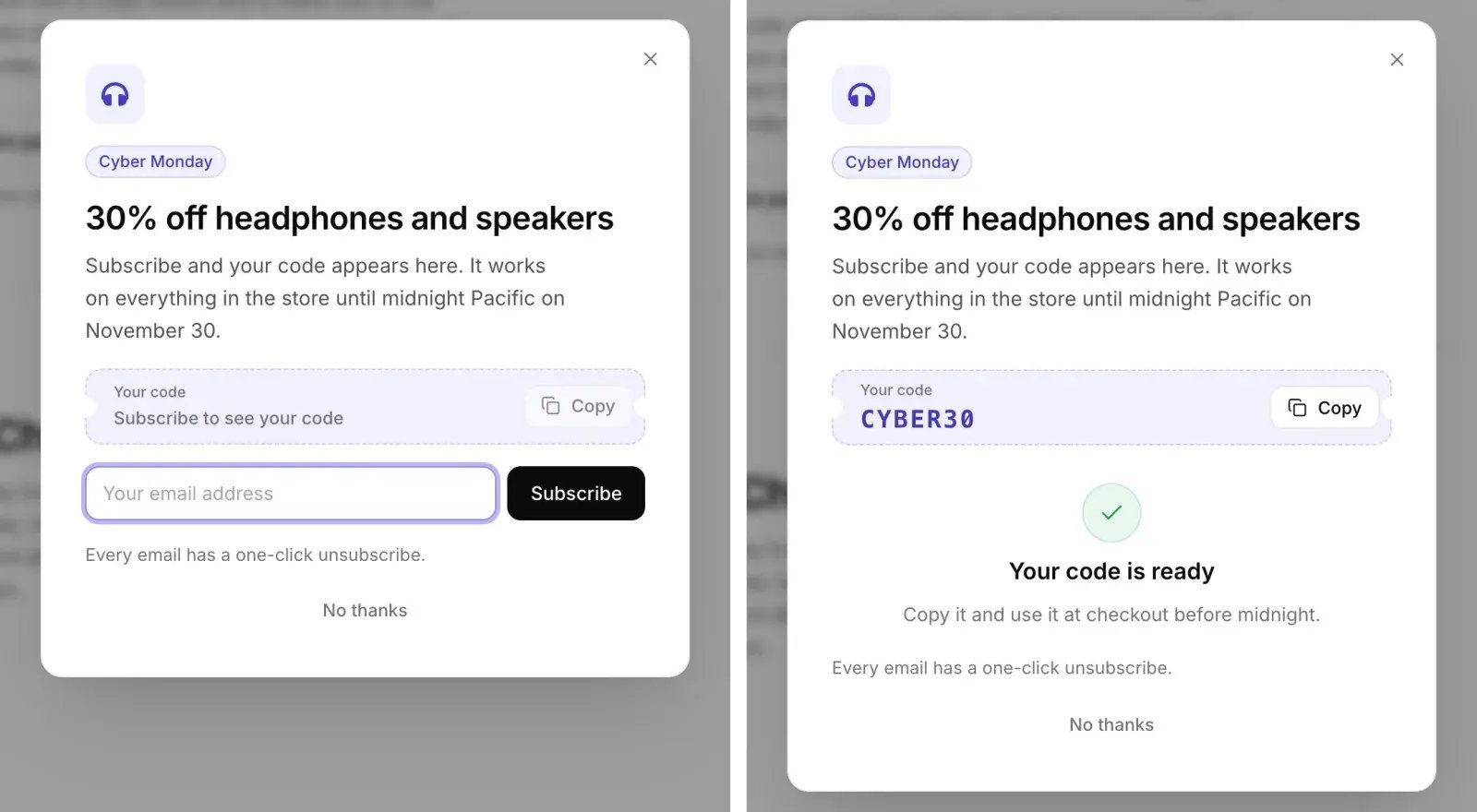 A Cyber Monday popup before and after sign-up: first the code hidden behind Subscribe to see your code with an email field, then the code CYBER30 revealed with its Copy button