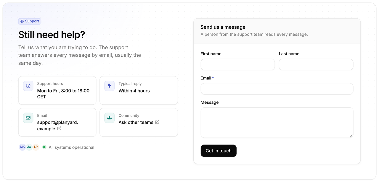 A still need help band under a HubSpot help center with support hours, contact cards and a HubSpot form