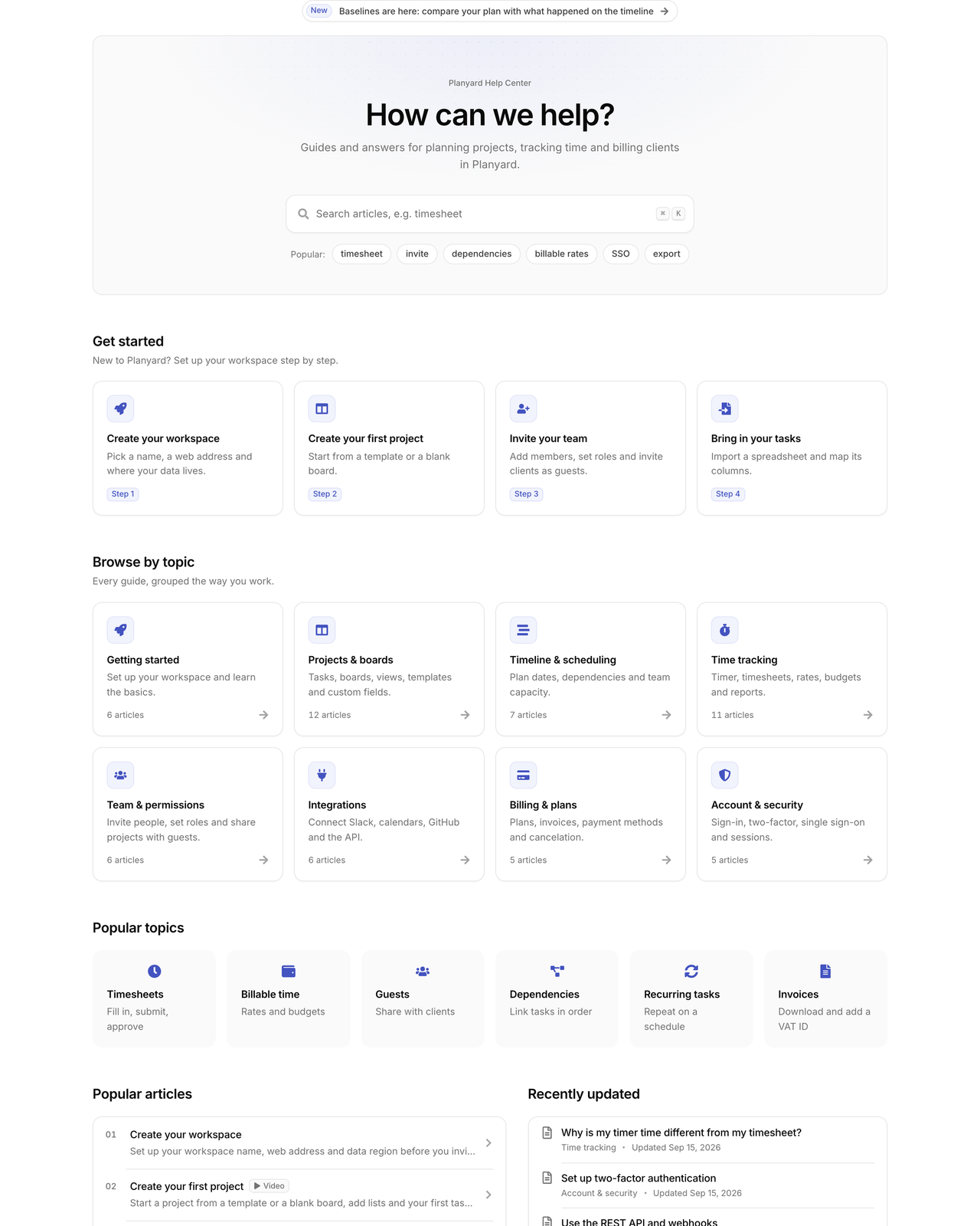 A HubSpot help center home page with a search box, a get-started row and category cards grouped by topic