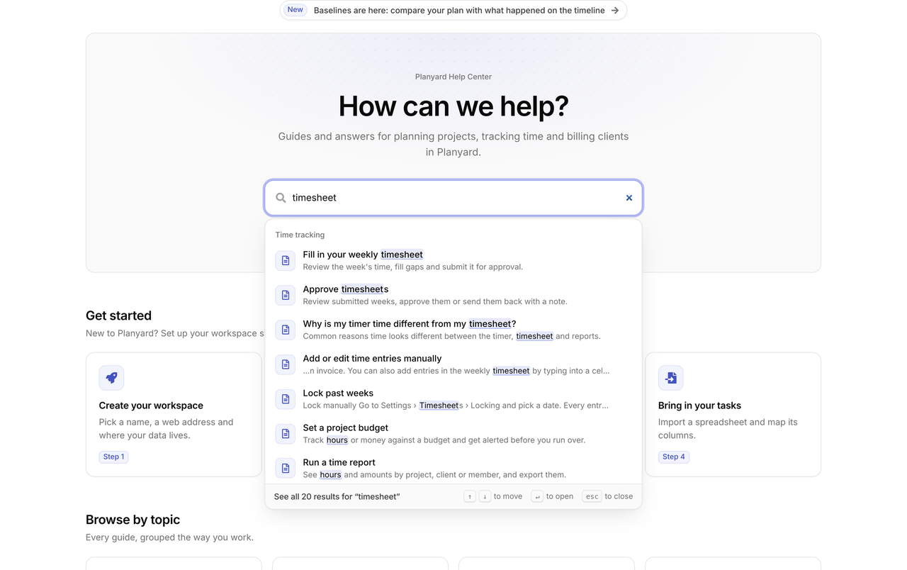 HubSpot help center search showing answers as the visitor types, grouped by category with the matching words marked