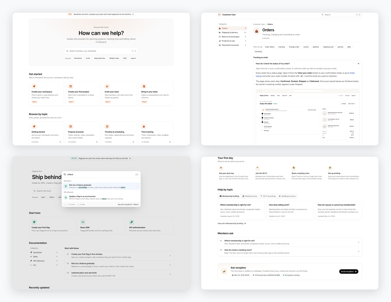 One HubSpot help center module set up four ways: a product help center, a shop support centre, developer documentation and a small business help page