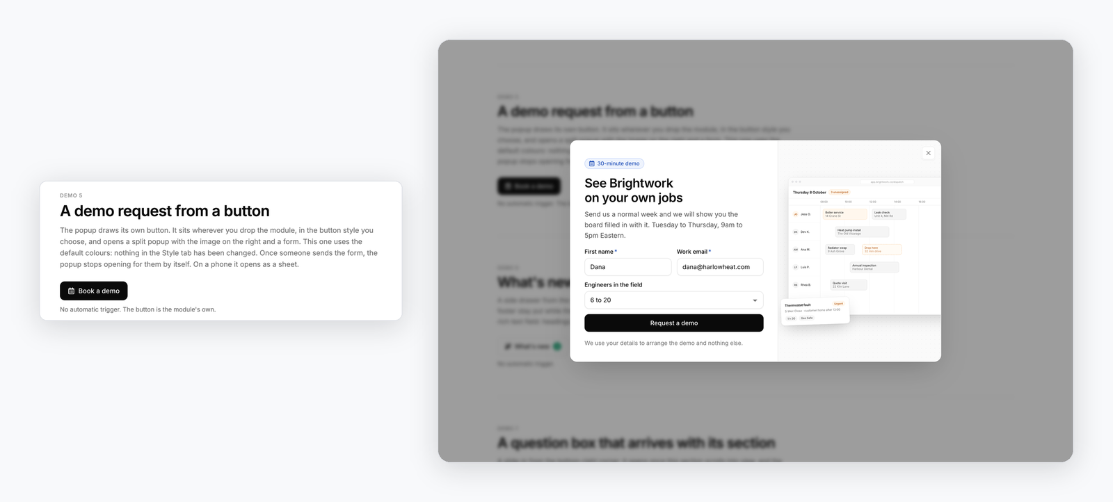 A demo request popup opened by a button on the page, with a HubSpot form inside