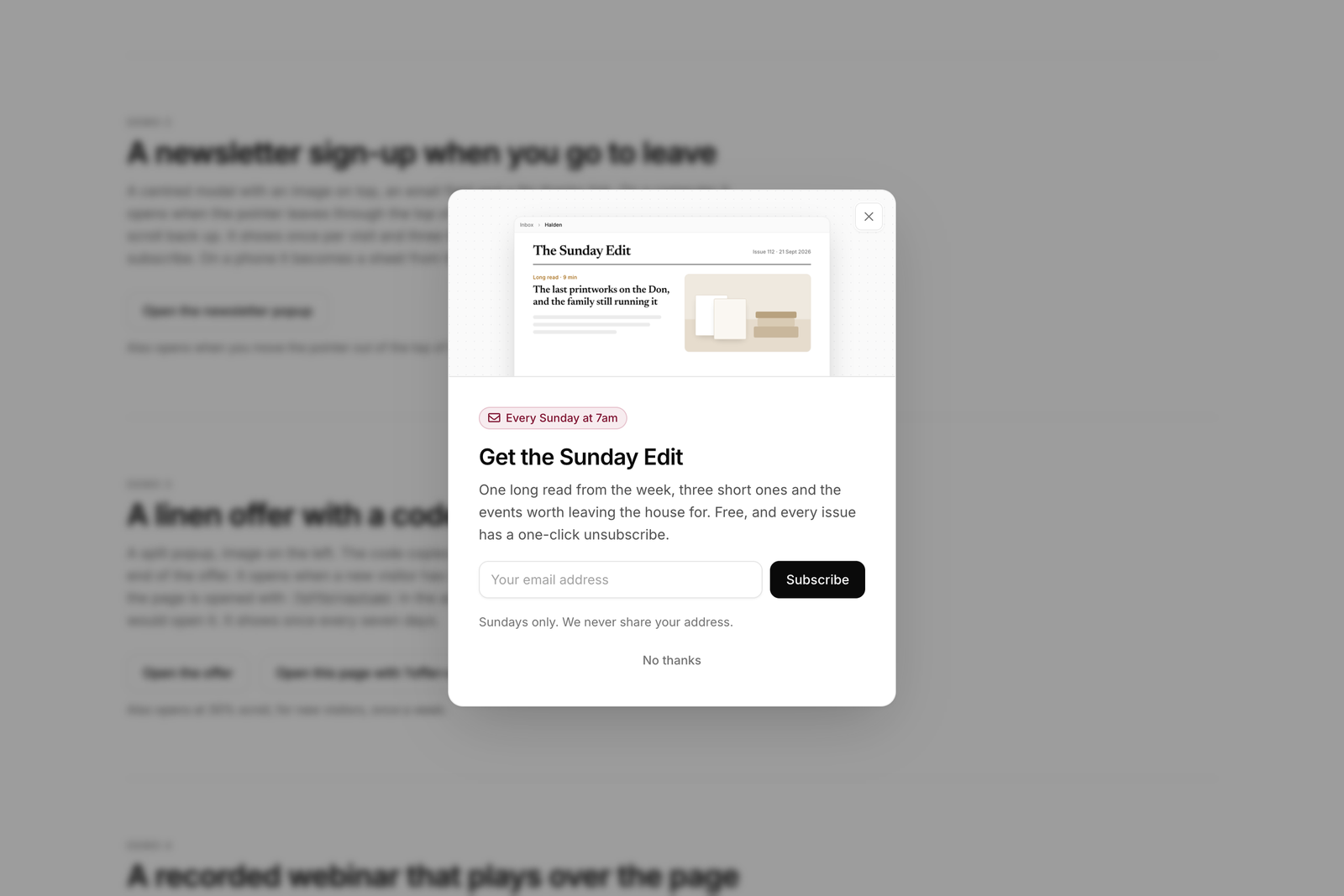 A newsletter sign-up popup with an image and an email field, opened on exit intent