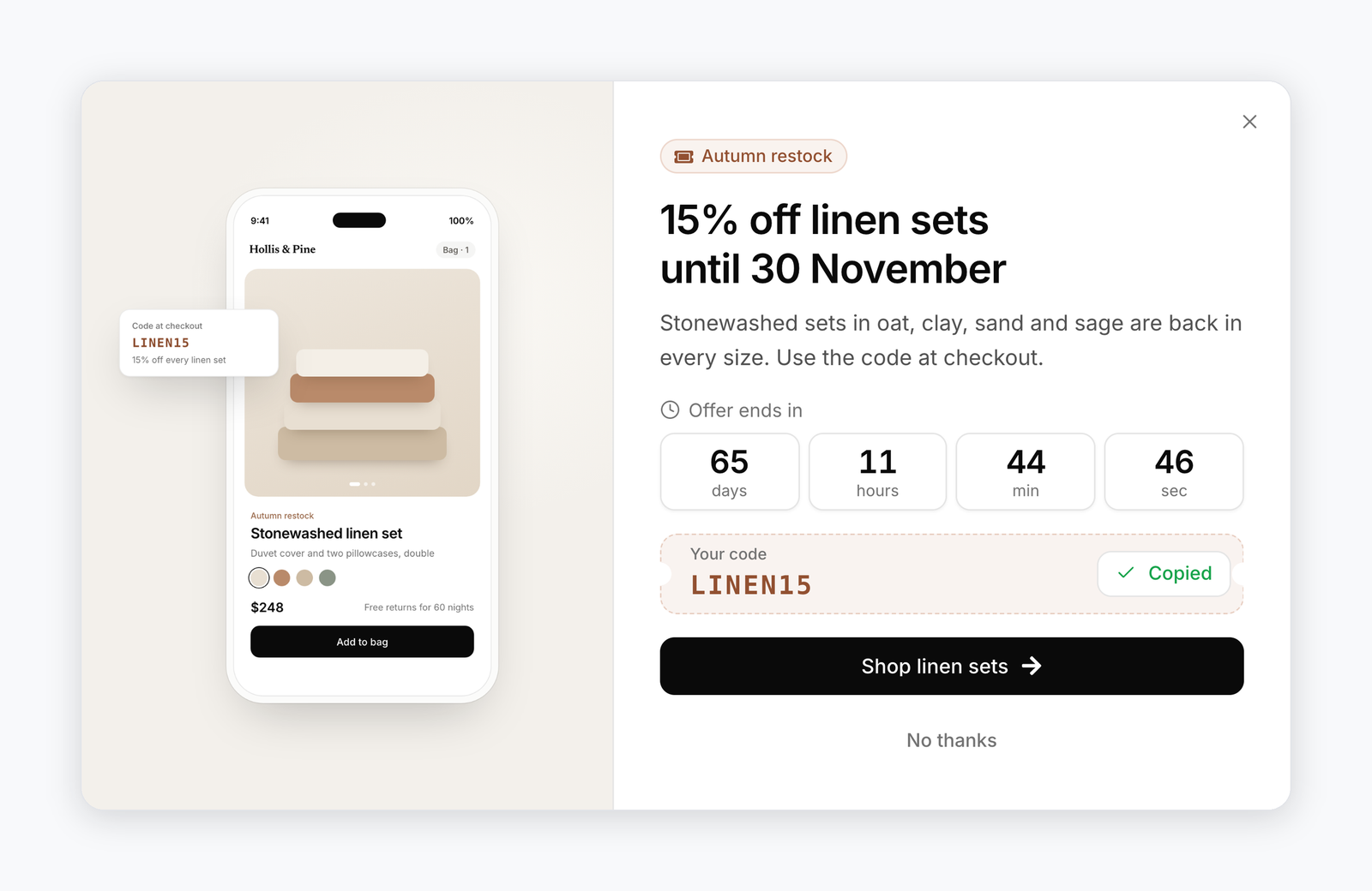 A split offer popup with a product image, a four-part countdown and a copied coupon code