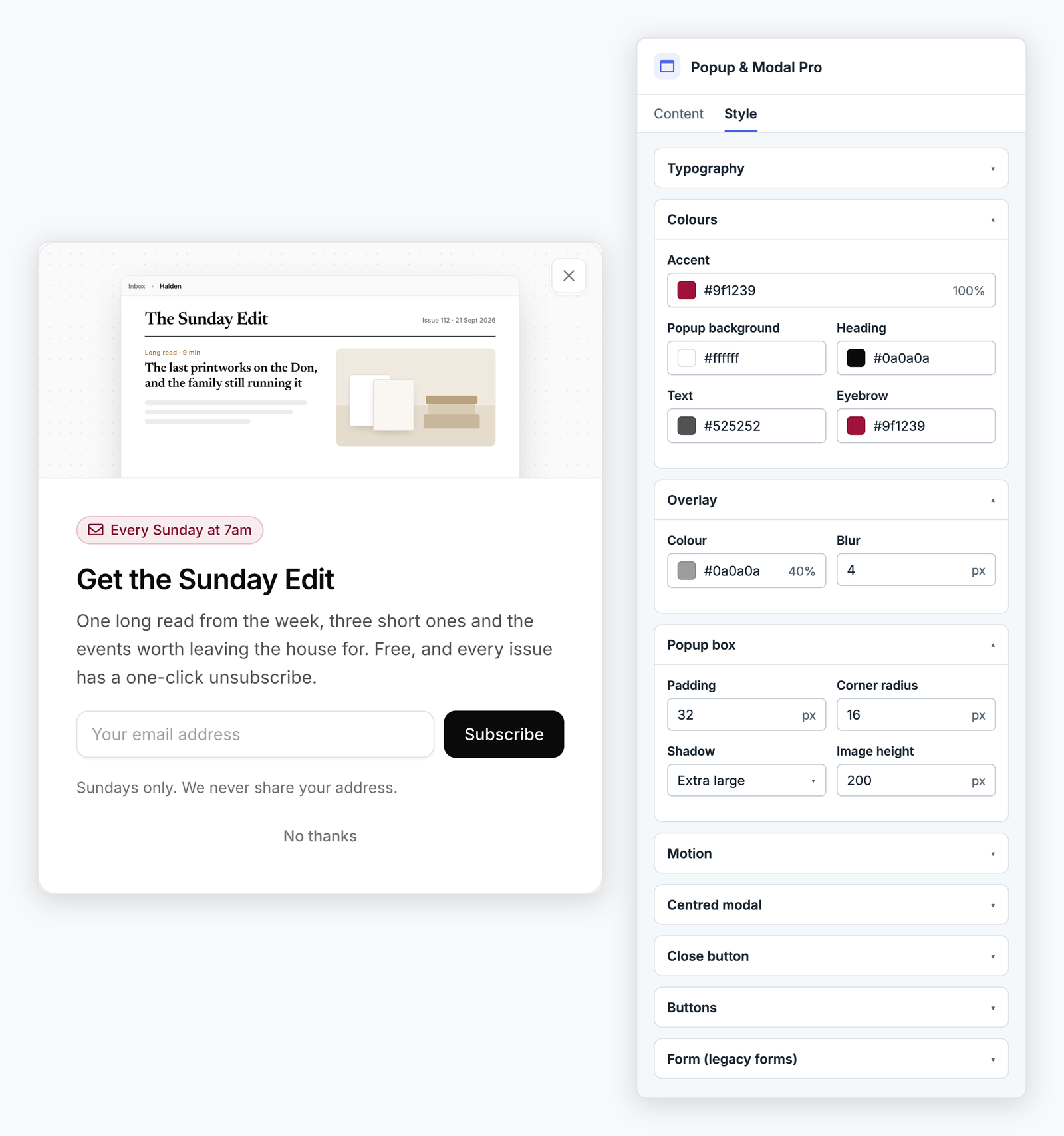A sign-up popup beside the Style tab fields that set its colours, overlay, box and motion