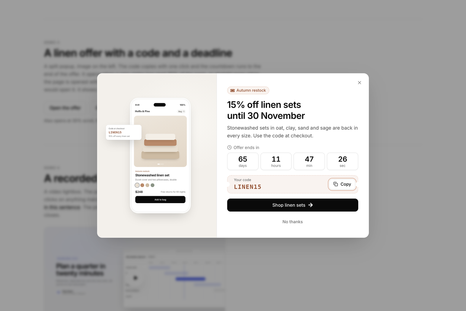 A split popup with a product image beside an offer, a countdown and a coupon code, over a dimmed page