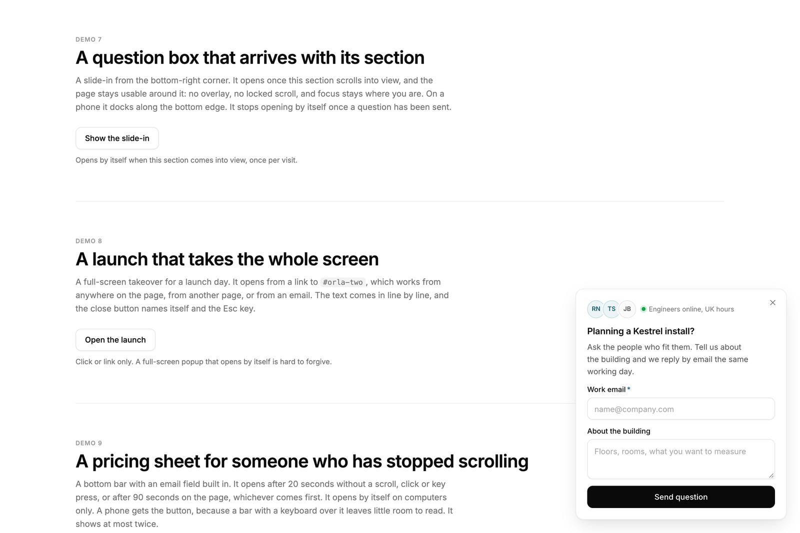 A corner slide-in with a short form, arriving beside the page section it belongs to