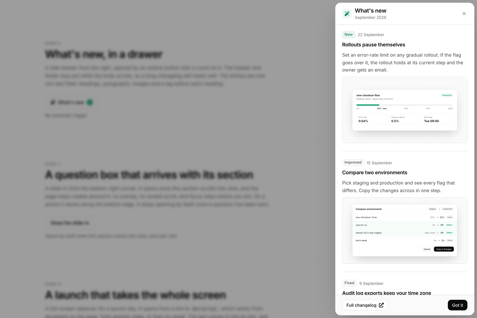 A What's new side drawer listing release notes with screenshots