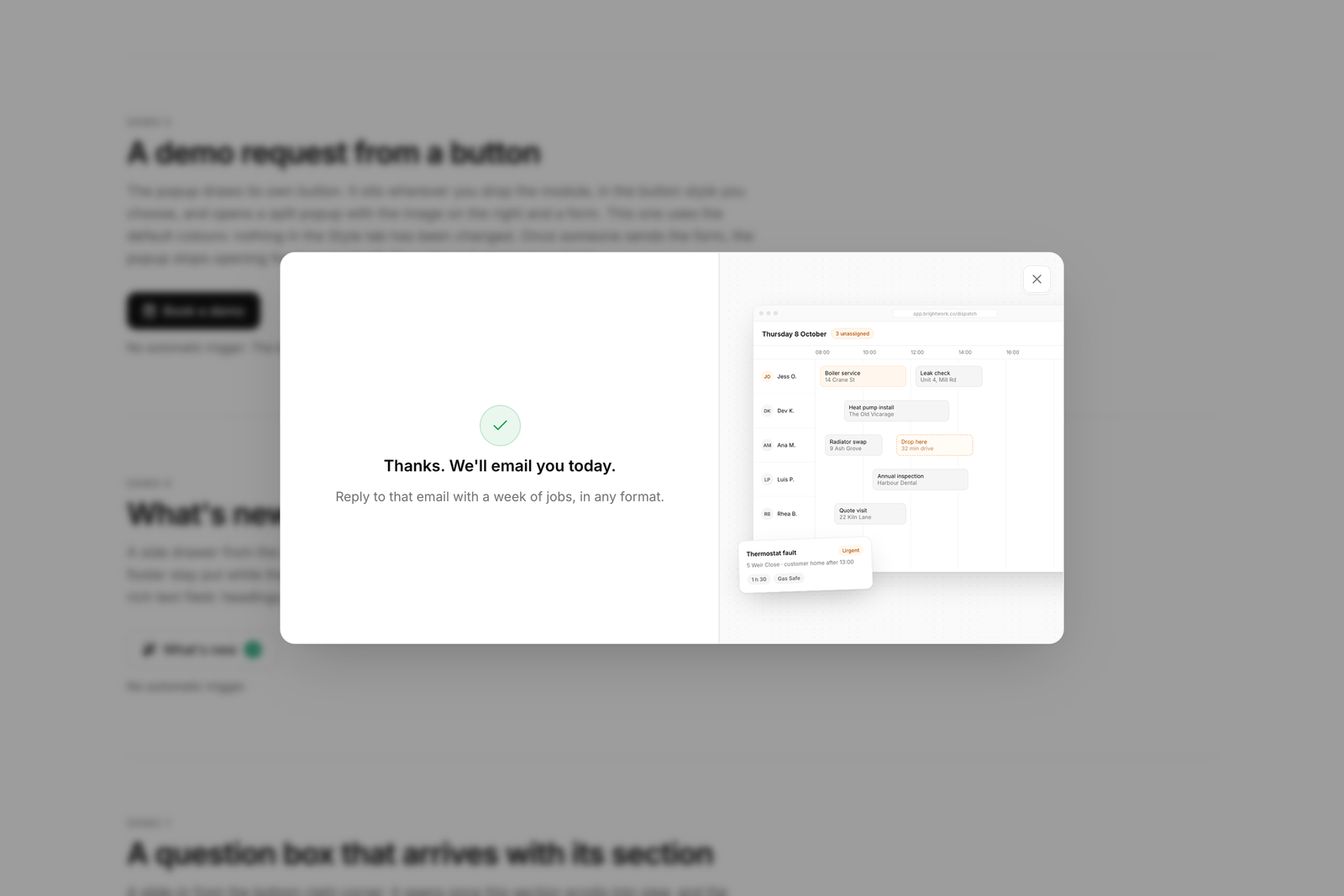 A demo request popup after the form is sent, showing its thank-you message