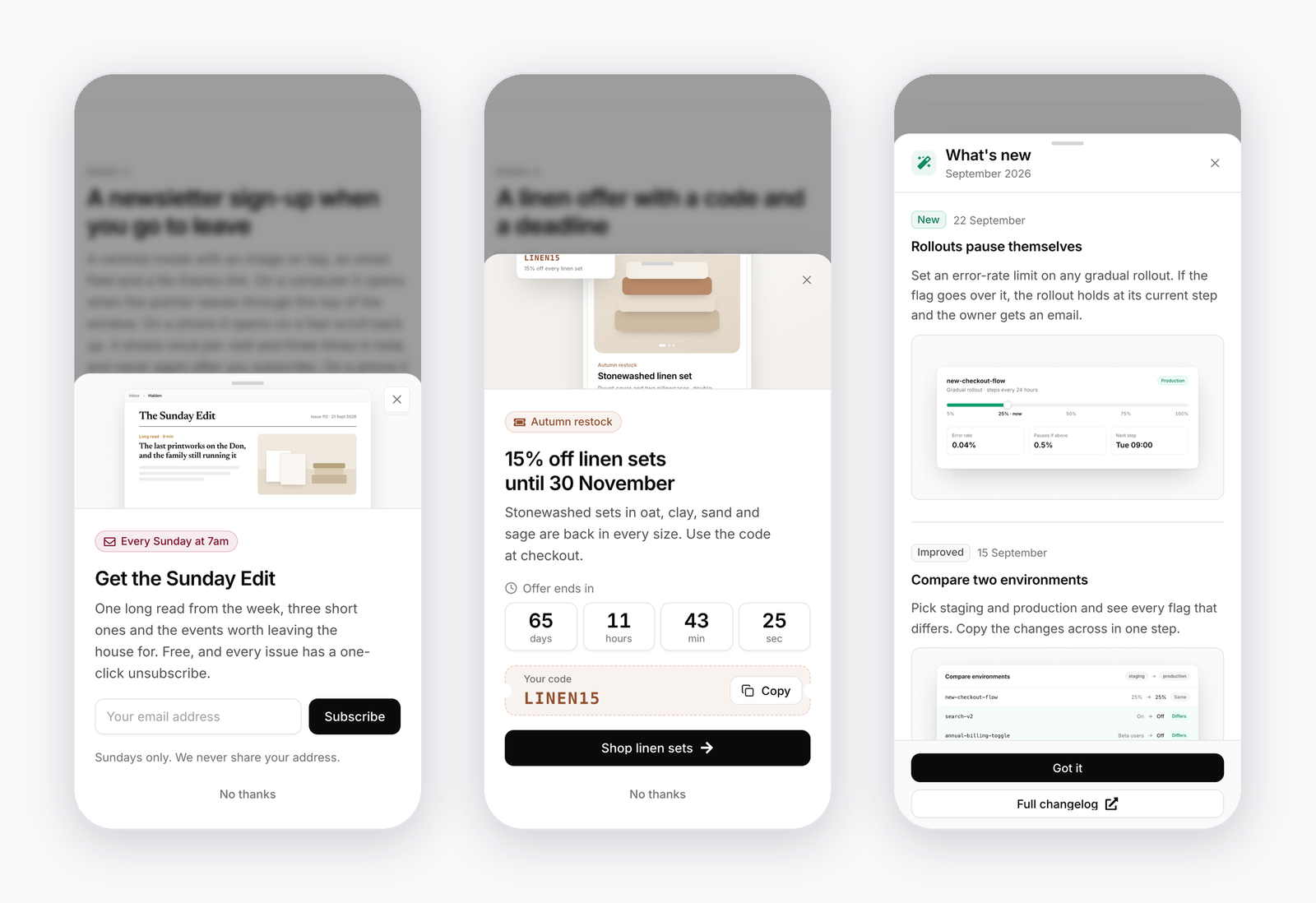 A sign-up, an offer with a countdown and a release notes drawer shown as bottom sheets on phones
