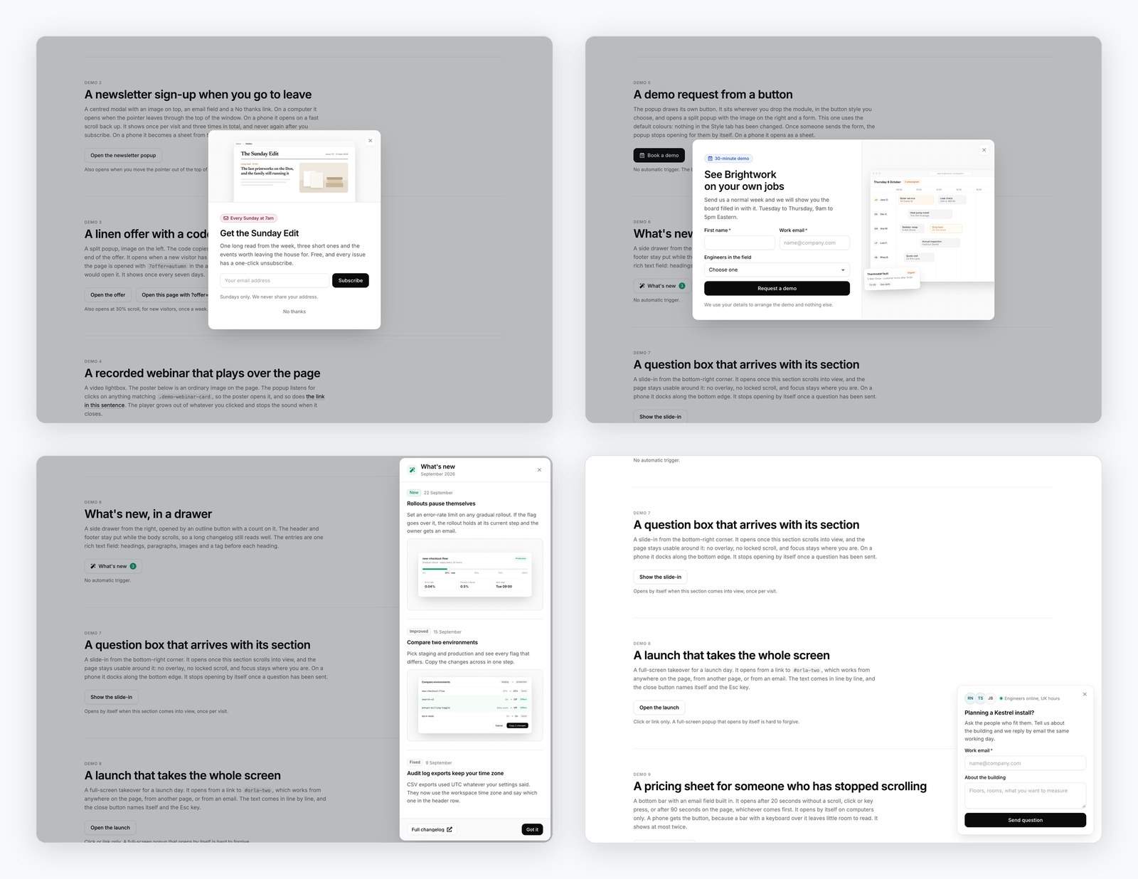 The same module set up as a newsletter sign-up, a demo request form, a side drawer of release notes and a slide-in question box