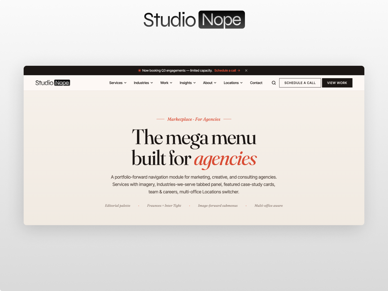 Agency Mega Menu Pro module for HubSpot CMS showing an editorial agency navigation with image-forward Services panel, tabbed Industries, client-logos grid, and featured case studies
