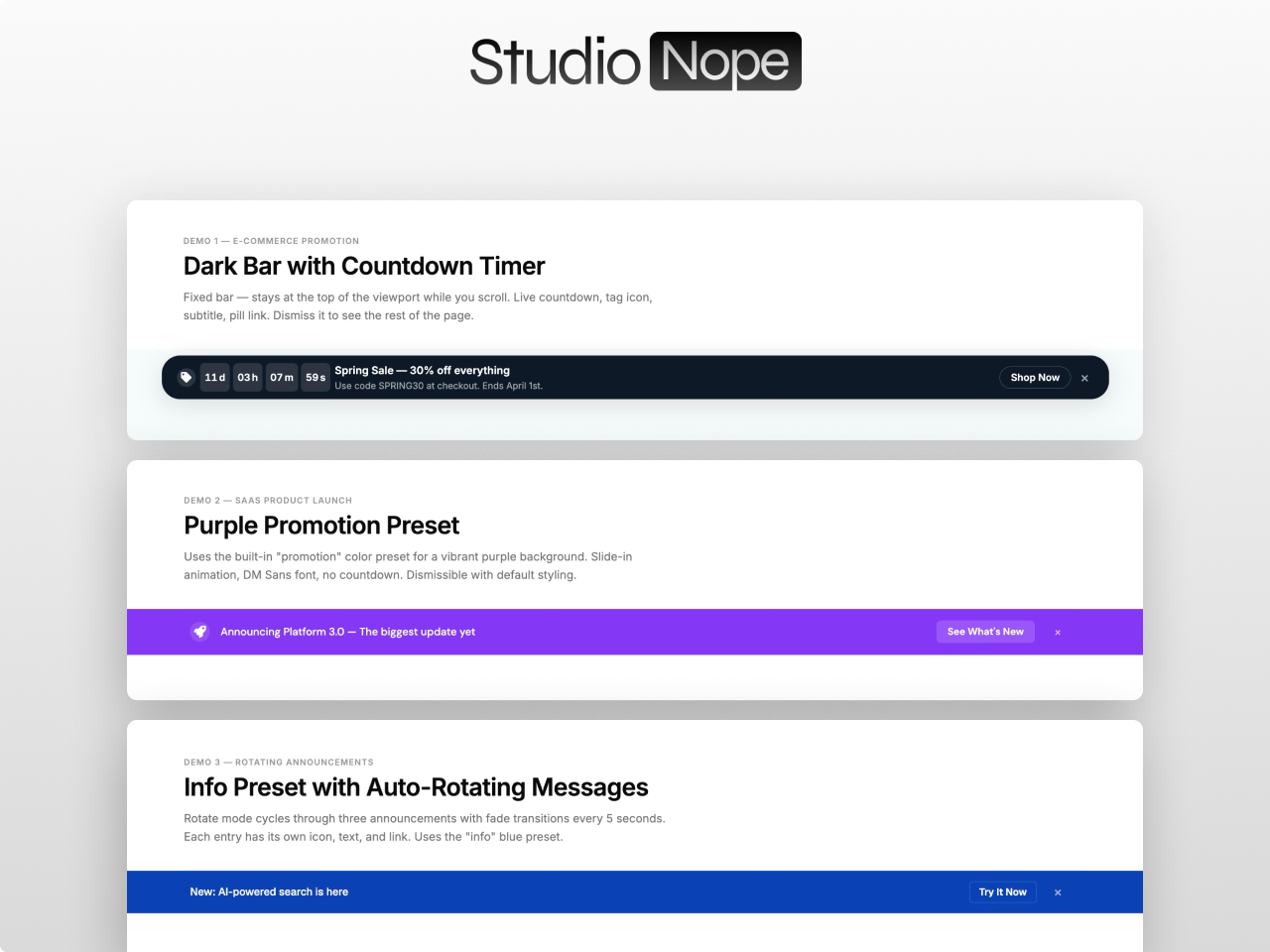 Announcement Bar Pro module for HubSpot CMS showing a dark notification bar with countdown timer and purple promotion preset