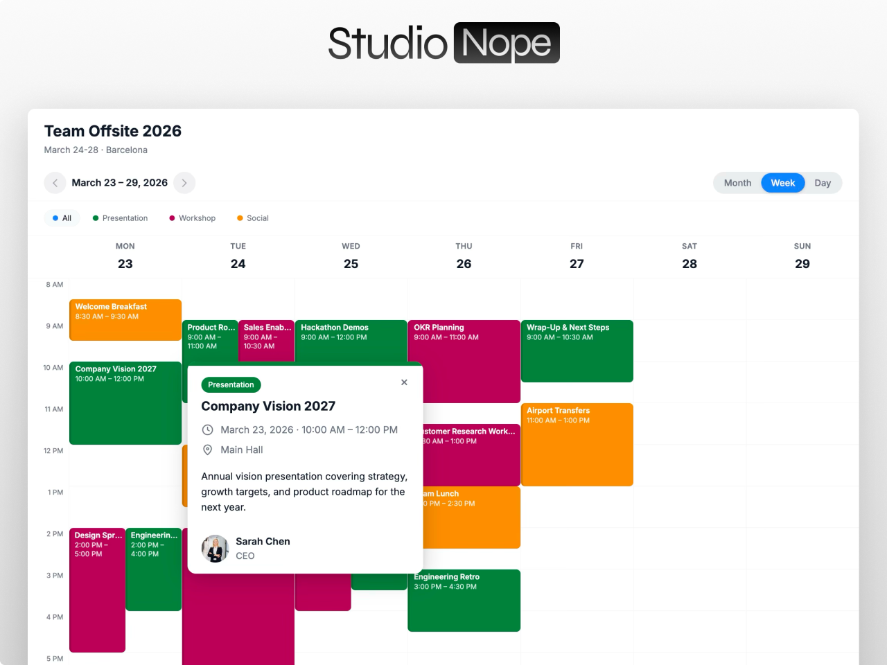 Calendar Pro module for HubSpot CMS showing an interactive event calendar with month, week, day, and timeline views