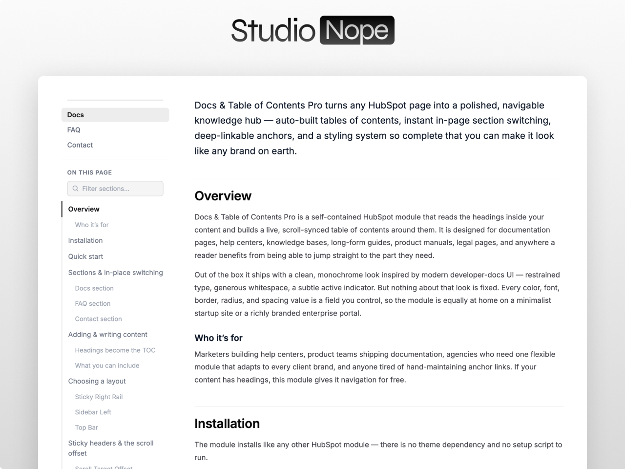 Docs and Table of Contents Pro module for HubSpot CMS showing an auto-generating scroll-spy table of contents