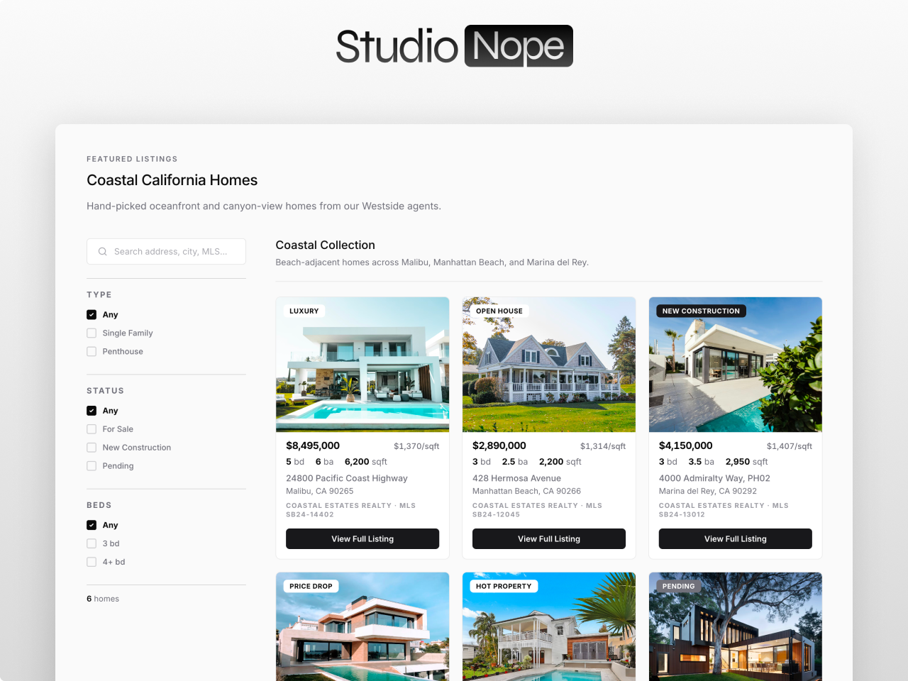 Property Listing Pro module for HubSpot CMS showing a real estate listing grid with sidebar filters, status badges, and a side-drawer detail view