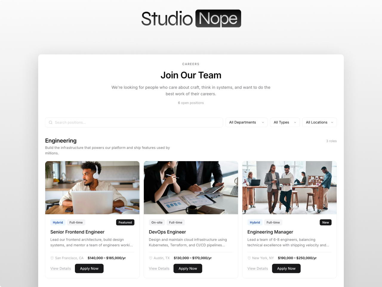 Job Board Pro HubSpot module showing career page with department sections, filters, and detail modal