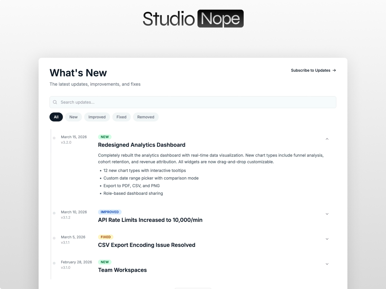 Changelog Pro module for HubSpot CMS showing product release notes in a timeline layout with category badges