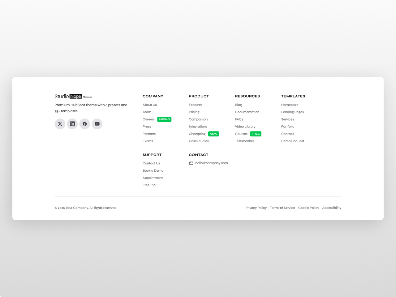 Footer Pro module for HubSpot CMS showing multi-column footer with social links