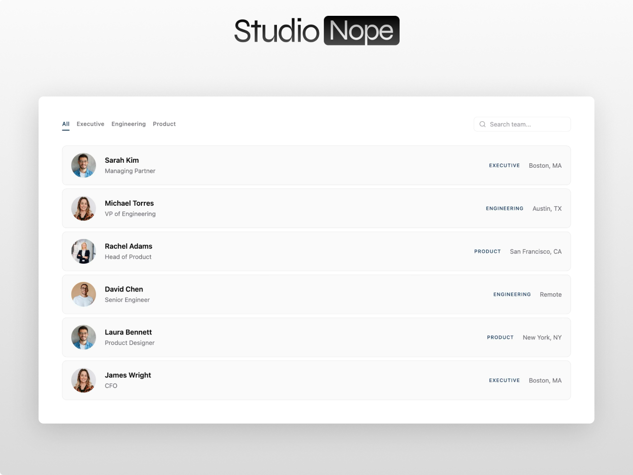 Team Directory Pro module for HubSpot CMS showing filterable grid layout with department tabs, search, and bio modals